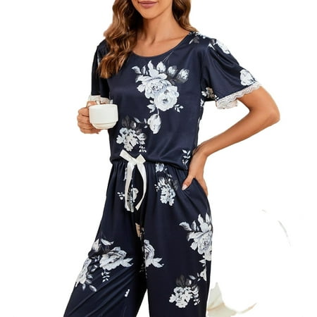 Elegant Floral Scoop Neck Pant Sets Navy Blue Short Sleeve Women Pajama Sets M
Elegant Floral Scoop Neck Pant Sets Navy Blue Short Sleeve Women Pajama Sets M
