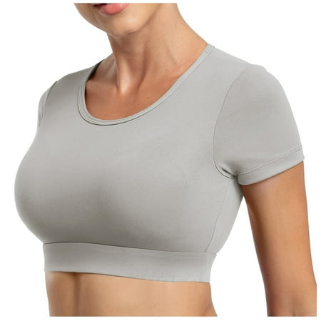 

EHTMSAK Womens Supportive Sports Bra High Neck Seamless Longline Short Sleeve High Support Bras Gray XL