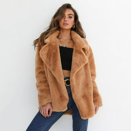 Fashion Women Fleece Faux Fur Jacket Coat Long Sleeve Open Front Turn Down Collar Autumn Winter Outerwear