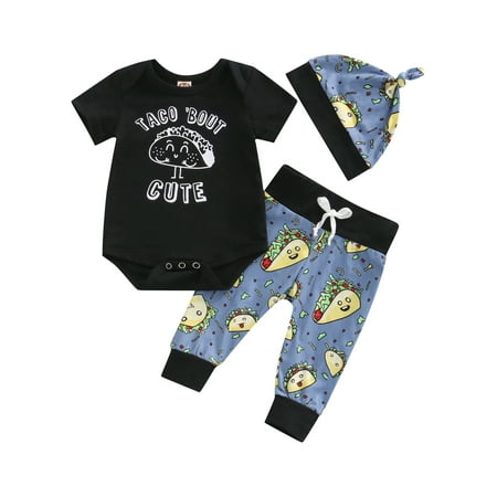Bagilaanoe 3Pcs Infant Baby Boy Girl Outfits Letter Print Short Sleeve Romper Tops + Cartoon Taco Print Long Pants + Hat Set 
Bagilaanoe 3Pcs Infant Baby Boy Girl Outfits Letter Print Short Sleeve Romper Tops + Cartoon Taco Print Long Pants + Hat Set