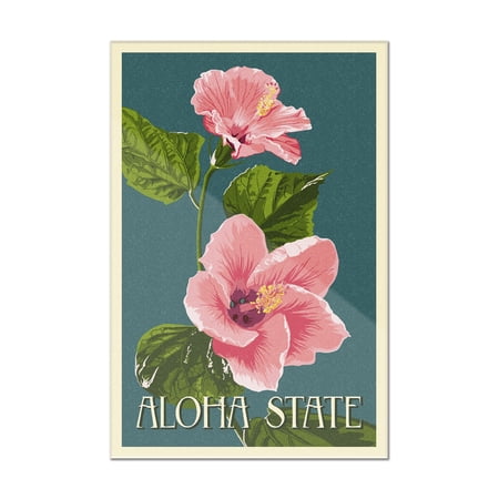 Aloha State - Pink Hibiscus - Letterpress - Lantern Press Artwork (8x12 Acrylic Wall Sign)