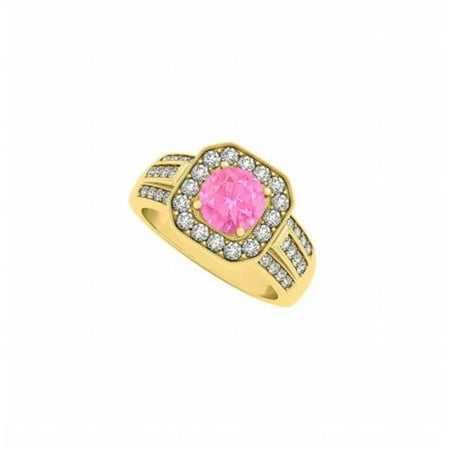 Round Pink Sapphire & Three Rows CZ Square Halo Fashion Ring, 16 Stones