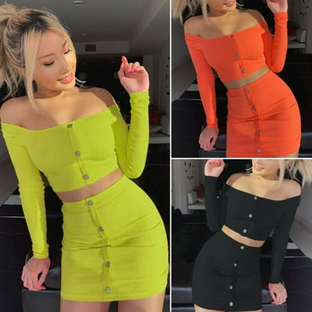 Fashion Women Crop Tops Bodycon Skirt Two Piece Set Party Holiday Mini Dress US