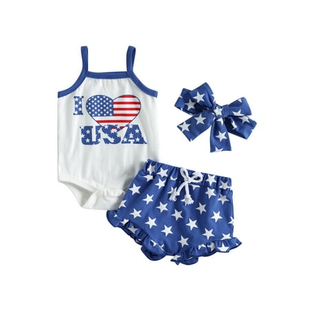 

Wassery Baby Girls Romper Outfits 4th of July Sleeveless Letter Flag Print Jumpsuits+ Stars Shorts+ Headband Independence Day Clothes Set Summer Infant Bodysuits 3PCS 0-18M