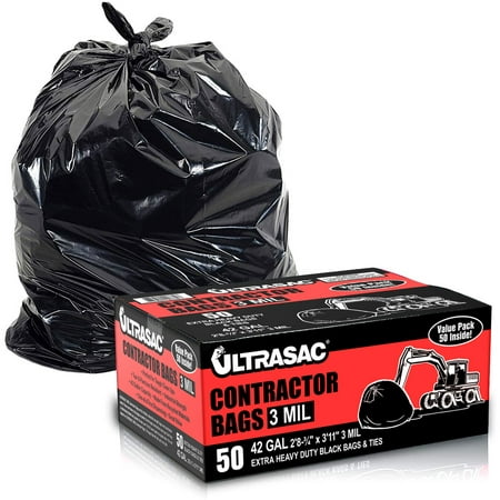 

Ultrasac Heavy Duty Contractor Bags by - 42 Gallon 32.75 X 47 - 3 MIL Thick Large Black Value 50 Pack With Ties