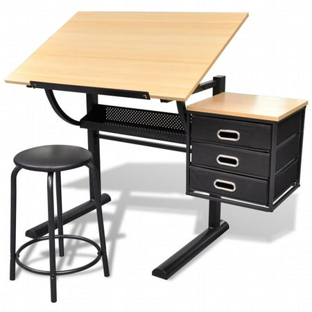 Dcenta Three Drawers Tiltable Tabletop Drawing Table with Stool