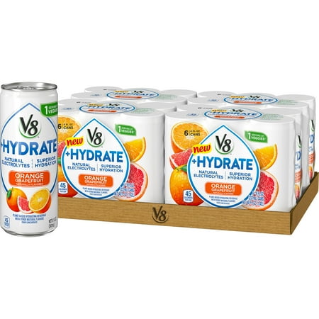 (24 Cans) V8 +Hydrate Plant-Based Hydrating Beverage, Orange Grapefruit, 8 Oz