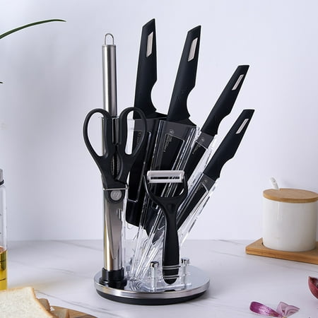 Kitchen Knife Set 8-Pieces Black Ultra Sharp Cooking Knife Set with Acrylic Stand PP Handle Non-stick Chef Knives with Gift Box for Girls Women
Kitchen Knife Set 8-Pieces Black Ultra Sharp Cooking Knife Set with Acrylic Stand PP Handle Non-stick Chef Knives with Gift Box for Girls Women