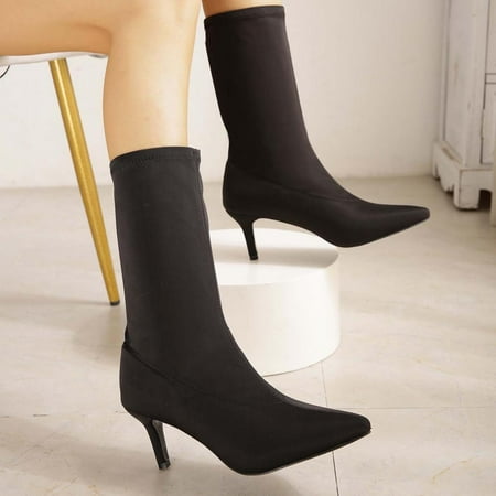 Tdoqot Womens Faux Fur Boots- Thin heel High-Heels Christmas Gifts Warm Women s Mid Calf Boots Black 40