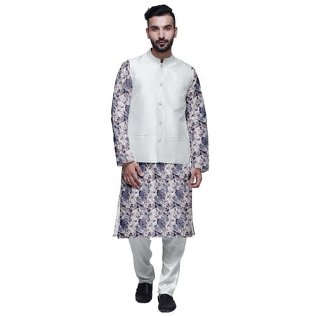Atasi Printed Kurta With Solid Pajama & Nehru Jacket Set For Mens Party Wear