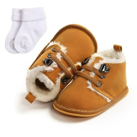 Infant Sneakers Baby Soft Non-Slip Sole Shoes Snow Boots Boys Girls First Walkers Lace-up Fleece Lined Prewalker Crib Shoes with Socks 0-18M
