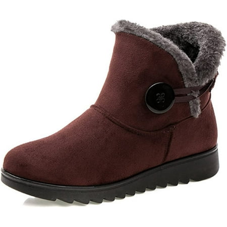 Womens Cuffed Fur Lined Side Buckle Ankle Pull On Flat Winter Shoe Boots