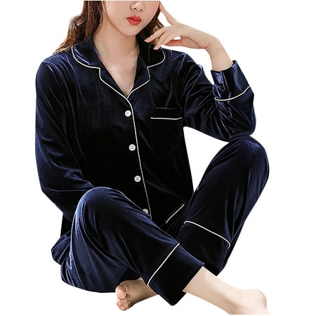 

Womens Pajamas Set Two-piece Pj Sets Long Sleeve Sleepwear Notch Collar Button-Down Loungewear Pj Set with Front Pocket