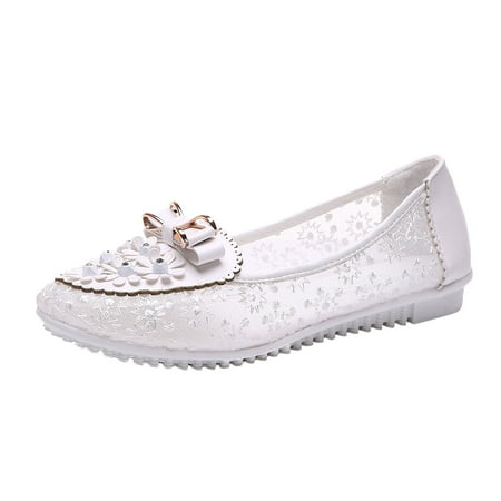 Lovskoo 2024 Women s Slip On Flats Sandals Closed Toe Bow Knot Four Seasons Sandals Rhinestone Mesh Pearl Loafers White