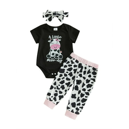 Tsseiatte Baby Girls Pants Set Short Sleeve Cow Print Romper with Pants and Bowknot Headband