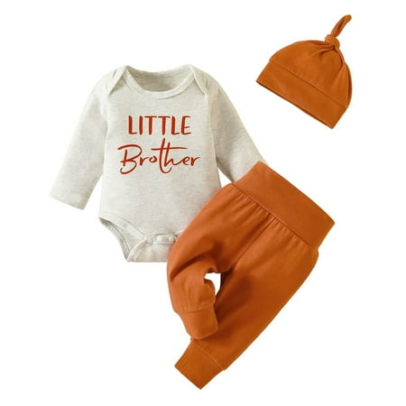U·nikaka Newborn Baby Boy Clothes Little Brother Letter Print Romper+ Pants+Hat 3PCS Outfit