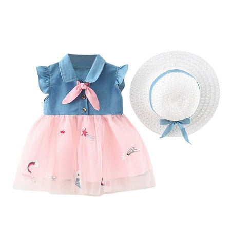 Baby Girls 6M-3Y Fly Sleeve Denim Patchwork Star Rainbow Tulle Princess Dress Hat Set
Baby Girls 6M-3Y Fly Sleeve Denim Patchwork Star Rainbow Tulle Princess Dress Hat Set