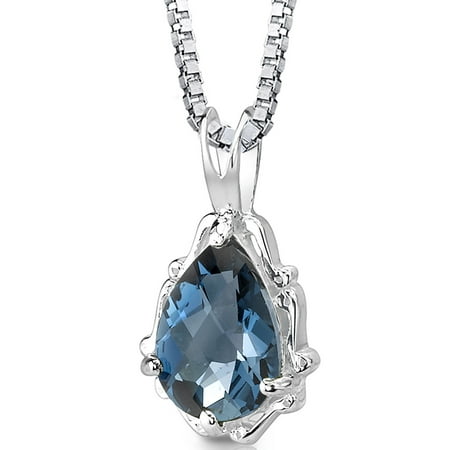 Peora 2.25 Ct Pear Shape London Blue Topaz Rhodium-Plated Sterling Silver Pendant, 18