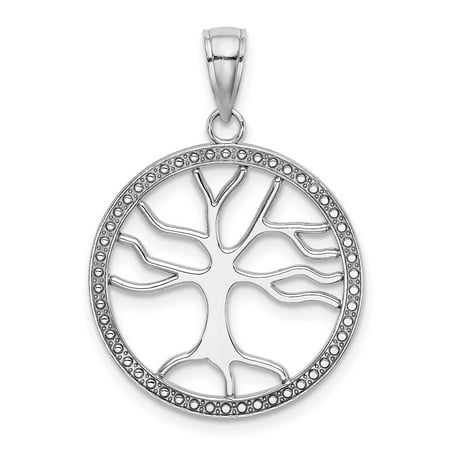 14k White Gold White 3-d Large Tree Of Life In Round Frame Cut-out Charm - 1.8 Grams