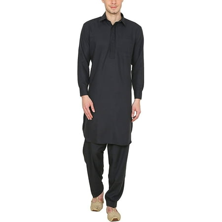 Royal Kurta Men s Polycotton Neck Embroidered Pathani Suit Black