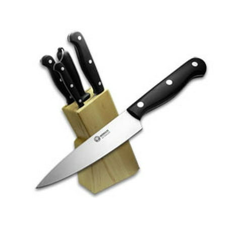 BOKER TREE BRAND 5 Piece Full Tang Black Handle Wooden Block Kitchen Set Knife Knives