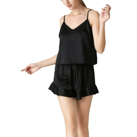 Women Satin Silk Pajamas Set V Neck Top and Ruffle Shorts Sleepwear Gift
