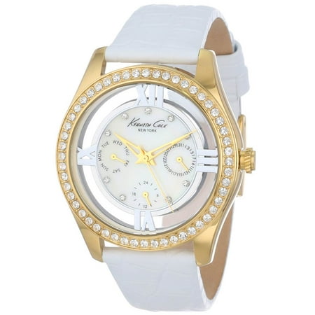 Kenneth Cole KC2793 Women's Crystal Accented Bezel MOP Dial Yellow Gold Steel White Strap Watch