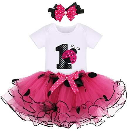 

FYMNSI Baby Girls Ladybug 1st First Birthday Party Cake Smash Outfit Cotton Short Sleeve Romper Bodysuit Princess Tutu Tulle Skirt Bowknot Headband Set for One Year Old Photo Shooting 1 Year Hot Pink