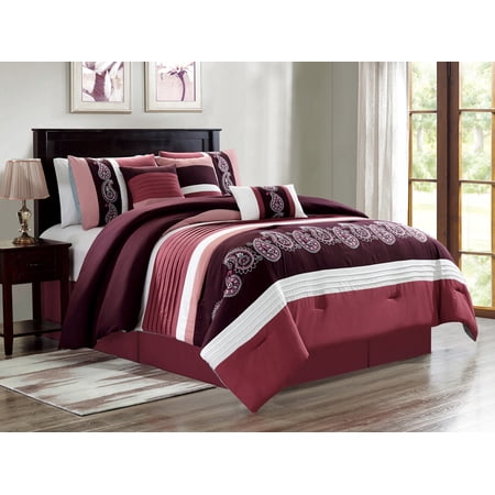 7-Pc Ellery Paisley Floral Embroidery Pleated Stripe Comforter Set Purple Rose Pink Queen