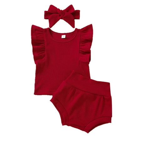 Suanret 3Pcs Infant Baby Girl Summer Outfit Solid Color Flying Sleeve Tops Shorts Bow Hairband Set Wine Red 18-24 Months
Suanret 3Pcs Infant Baby Girl Summer Outfit Solid Color Flying Sleeve Tops Shorts Bow Hairband Set Wine Red 18-24 Months