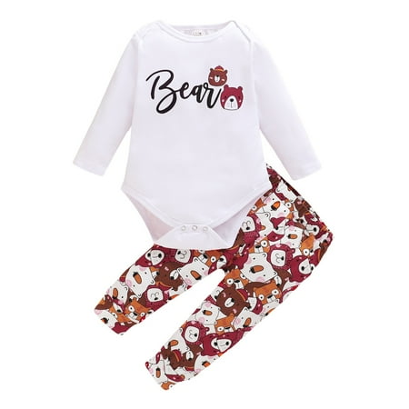 Kucnuzki 6 Months Baby Girl Fall-Winter Outfits Pants Sets 9 Months Long Sleeve Carton Prints Romper Tops Elastic Pants 2PCS Set White