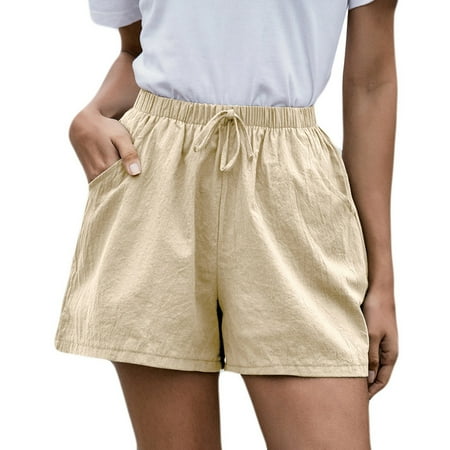 YanHoo Women s Baggy Shorts Linen Tie Elastic Waist Pants Wide Leg Straight Running Shorts with Pockets