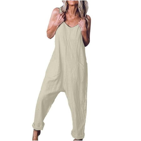 

Jumpsuit for Women Casual Loose Pocket Jompers Fashion Playsuit Trousers Overalls Cotton And Linen Jumpsuit Beige S