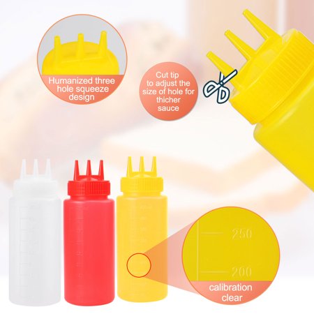 6pcs Clear Plastic 16 Oz Three Hole Squeeze Bottle Condiment Ketchup Mustard Dispenser Assorted Color