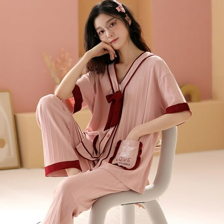 DanceeMangoo New Summer Autumn Womens Full Cotton Short Sleeve Pajamas Set Loose Leisure Adult Women Sleepwear Set Long Pant Party Pajamas 
DanceeMangoo New Summer Autumn Womens Full Cotton Short Sleeve Pajamas Set Loose Leisure Adult Women Sleepwear Set Long Pant Party Pajamas