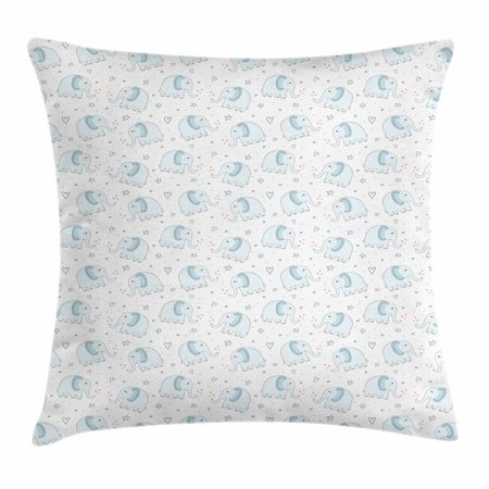 Elephant Throw Pillow Cushion Cover, Adorable Cartoon Elephants with Hand Drawn Hearts and Stars Lovely, Decorative Square Accent Pillow Case, 24 X 24 Inches, Baby Blue Cinnamon White, by Ambesonne