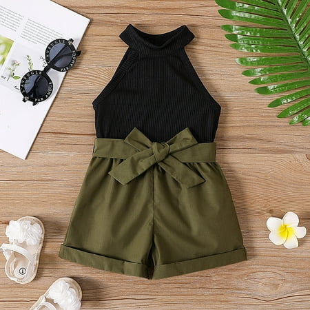 PatPat Keyhole Halter Top and Roll Up Hem Shorts Set for Baby Girl