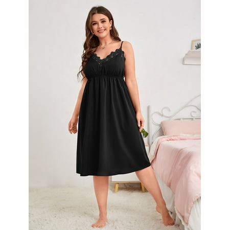 

Elegant Women s Plus Embroidery Mesh Detail Slip Nightdress Black 1XL(14) for Summer F220102Y
