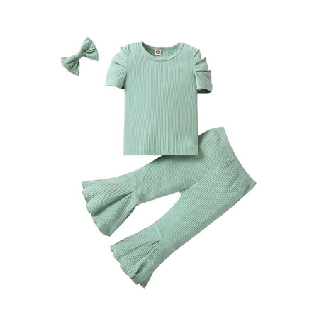 Bagilaanoe 3Pcs Toddler Baby Girls Outfit Sets Ribbed Short Puff Sleeve T-Shirt Tops + Flare Pants + Hairpin
Bagilaanoe 3Pcs Toddler Baby Girls Outfit Sets Ribbed Short Puff Sleeve T-Shirt Tops + Flare Pants + Hairpin