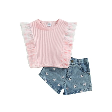 Pudcoco Girl Summer Set Sleeveless Crew Neck Dots Tulle Tank Top Hearts Shorts