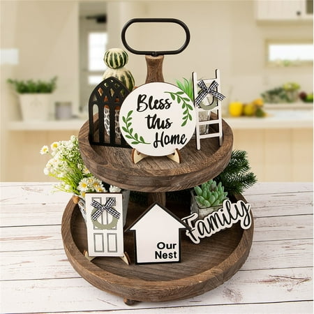 

Christmas Decor 8 Pieces Farmhouse Decor For Tiered Tray Rustic Wooden Mini Sign Table Centerpieces With Artificial String Light Plastic Stand Kitchen Housewar
