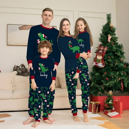 LINMOUA Men s Christmas Parent-Child Suit Round Neck Long Sleeve Plaid Christmas Homewear Suit Green