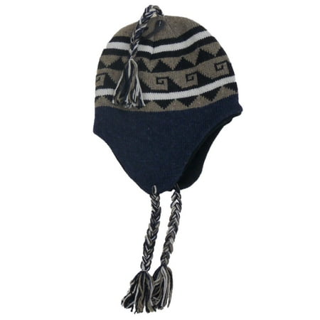 Igloos Mens Blue & Brown Geometric Print Peruvian Style Trapper Hat Fleece Lined