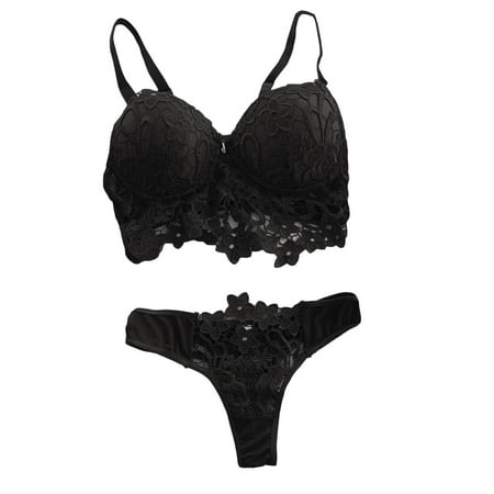 RYDCOT Women Embroidery Lace Collar Wireless Bra Lingerie Thong Set Underwear