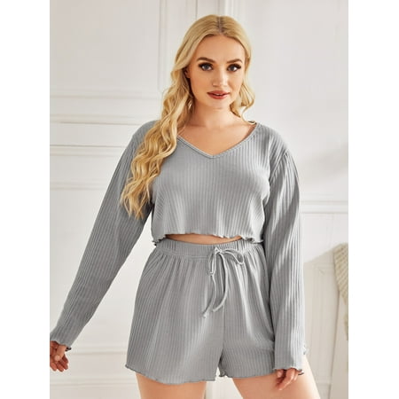 Women s Plus Solid Rib knit Pajama Set 2022 A053W