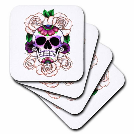 3dRose Sugar skull. Roses. Soft Coasters set of 8