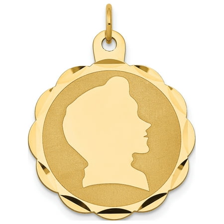14k Yellow Gold Boy Head on .011 Gauge Engravable Scalloped Disc (22x29mm) Pendant / Charm