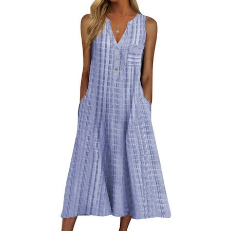 Franhais Women Summer Sleeveless Dress Adults Casual Striped V-neck One-piece with Pockets
Franhais Women Summer Sleeveless Dress Adults Casual Striped V-neck One-piece with Pockets