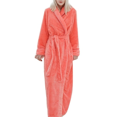YMH Winter Fashion Women Solid Color Thicken Plush Long Sleeve Bathrobe Sleepwear