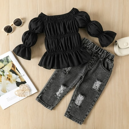 Hunpta Toddler Kids Baby Girls Off Shoulder Ruffles T Shirt Tops Hole Crop Denim Jeans Long Pants 2PCS Outfits Clothes Set
Hunpta Toddler Kids Baby Girls Off Shoulder Ruffles T Shirt Tops Hole Crop Denim Jeans Long Pants 2PCS Outfits Clothes Set